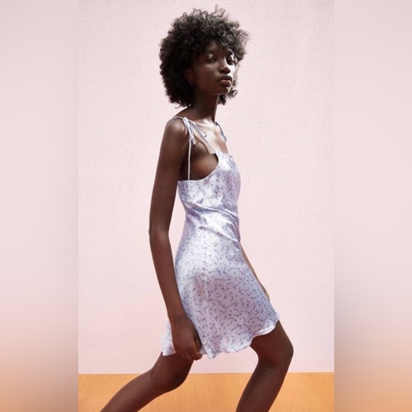 Zara Lilac Floral Sleeveless Satin Look & Feel Mini Ditsy Slip Dress NWT S - Picture 3 of 13
